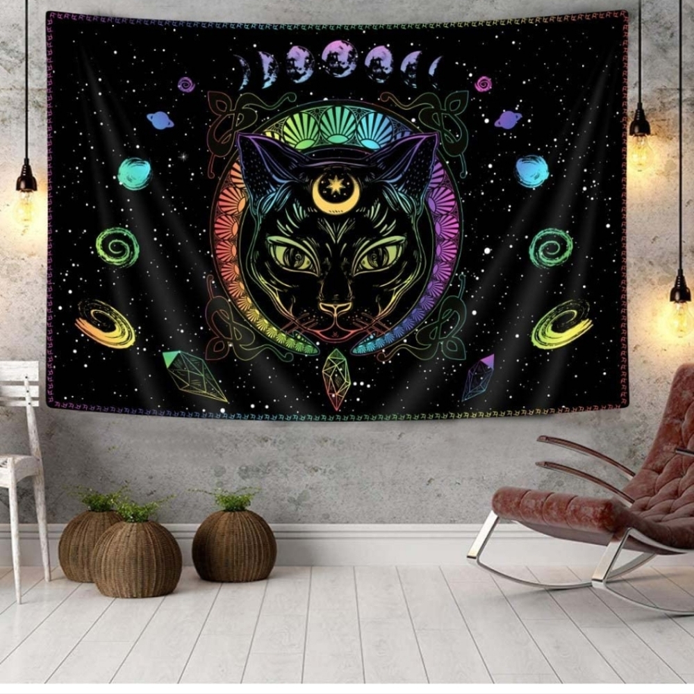 Black Cat Gothic Tapestry ,Psychedelic Colorful Sun and Moon size 71x60